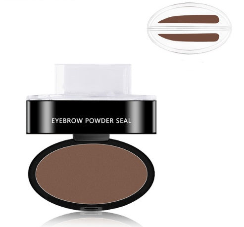 Eyebrow powder seal compact with dark-brown powder and three eyebrow stencil guides