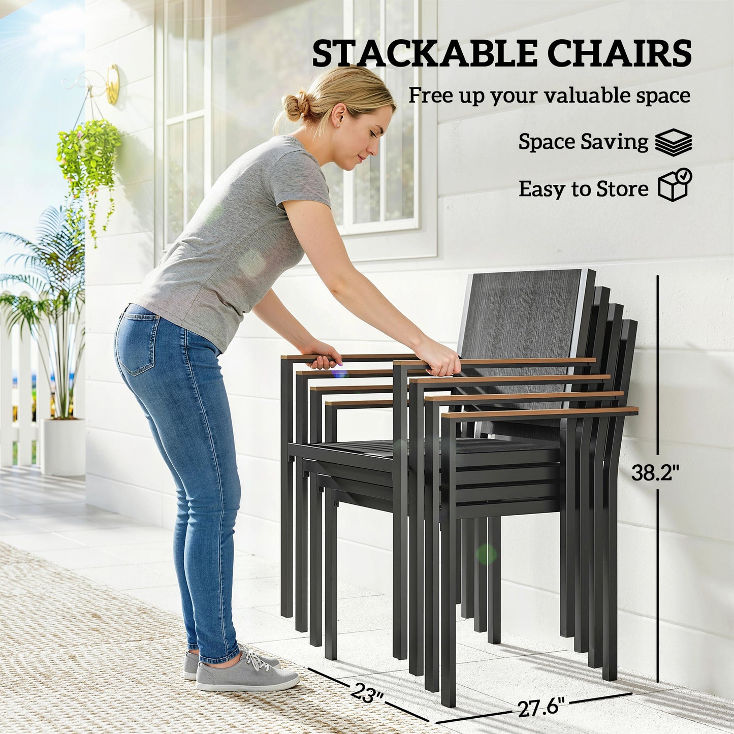 4-Person Outdoor Dining Set | 59" Acacia Wood Table & Stackable Chairs