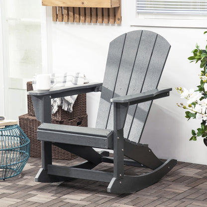 Light gray Adirondack rocking chair with slatted back, armrests, and rocking base