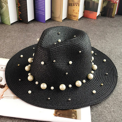 Outdoor Beach Flat Brim Straw Pearl Beaded Hat