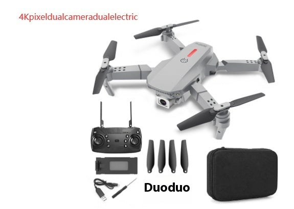 Folding quadcopter drone with white body, remote controller, propellers and storage case