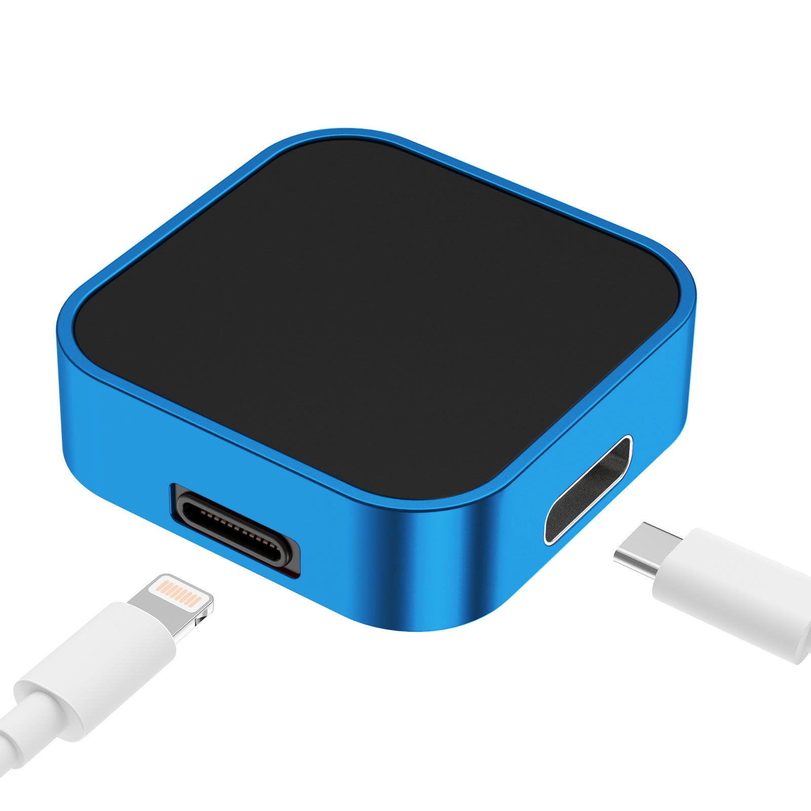 Blue wireless magnetic watch charger with black top and side USB ports