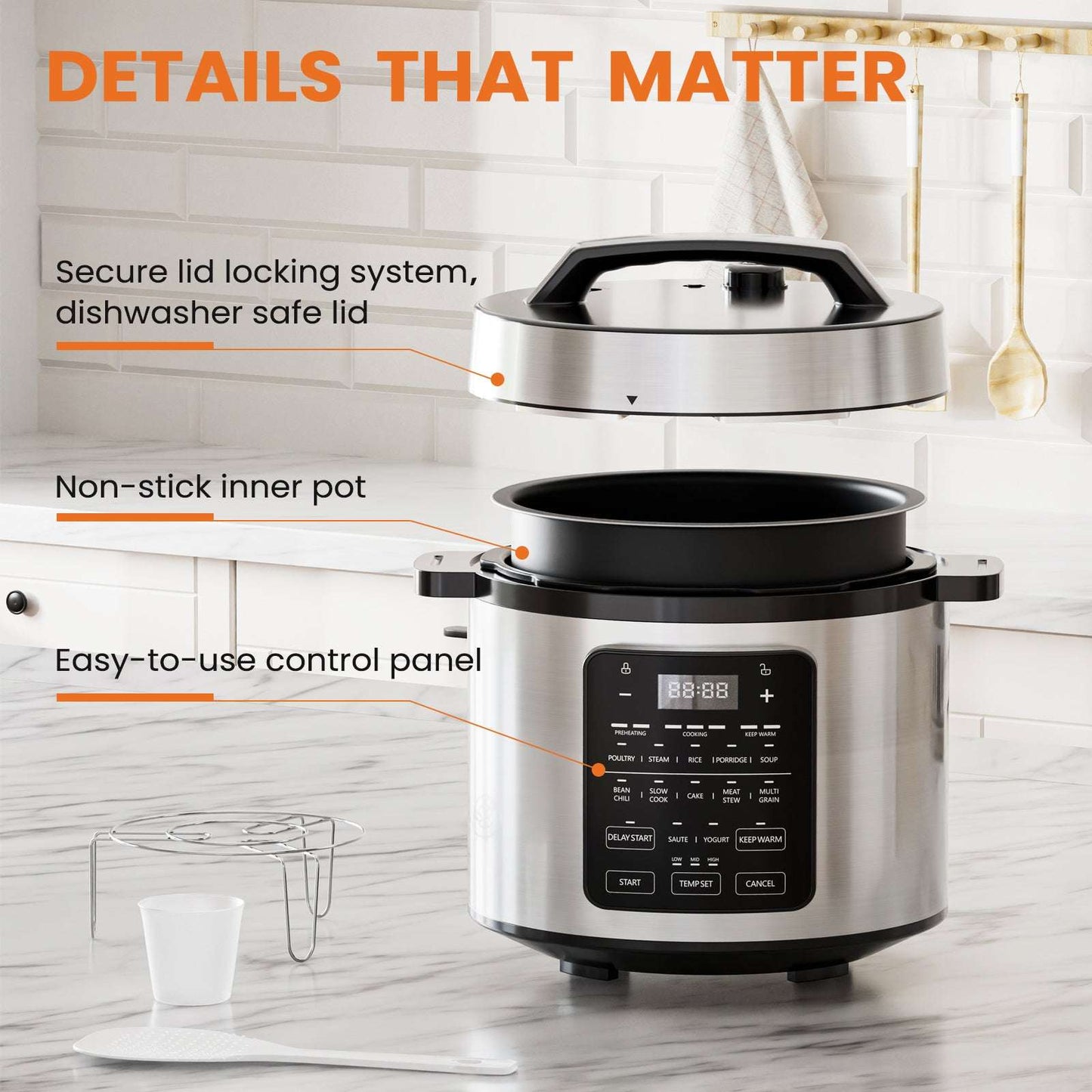 Electric pressure cooker cutaway view showing stainless pot, nonstick inner pot, and locking lid