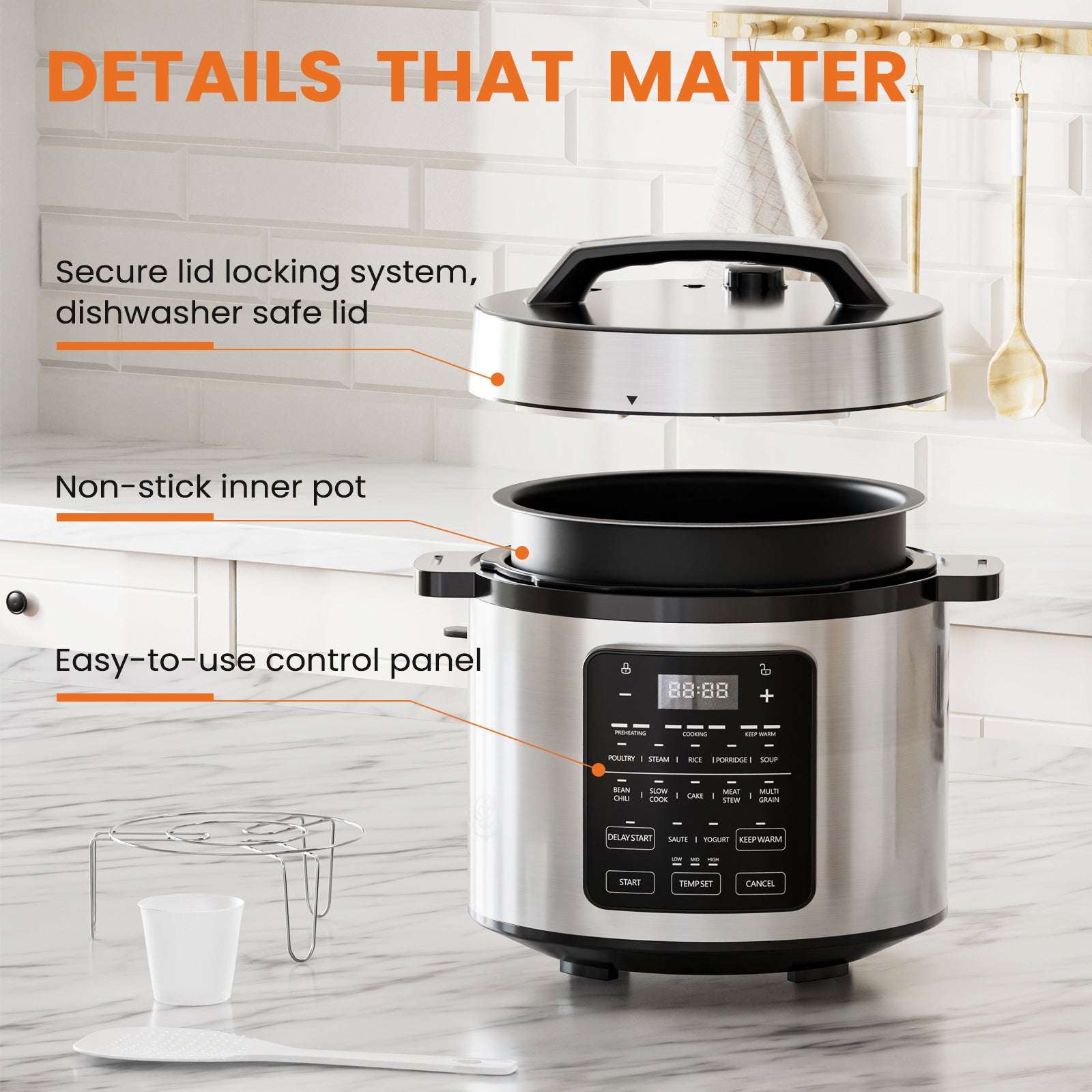 Electric pressure cooker cutaway view showing stainless pot, nonstick inner pot, and locking lid