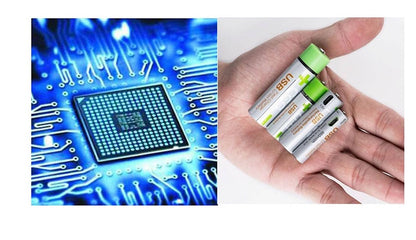 Two images: one of a circuit board and another of hands holding batteries.