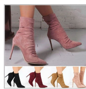 New wrinkled suede light high heel boots in autumn and winter