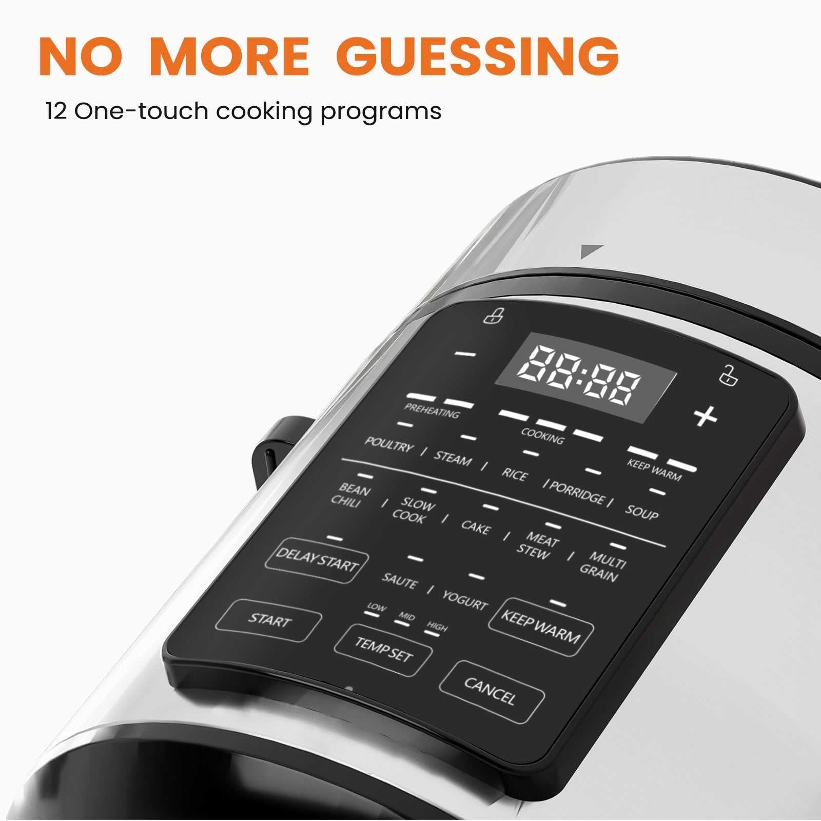 Electric pressure cooker control panel with digital display and preset cooking buttons