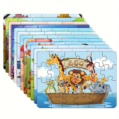 Kids jigsaw puzzle set with colorful animal scene, interlocking pieces in a stack