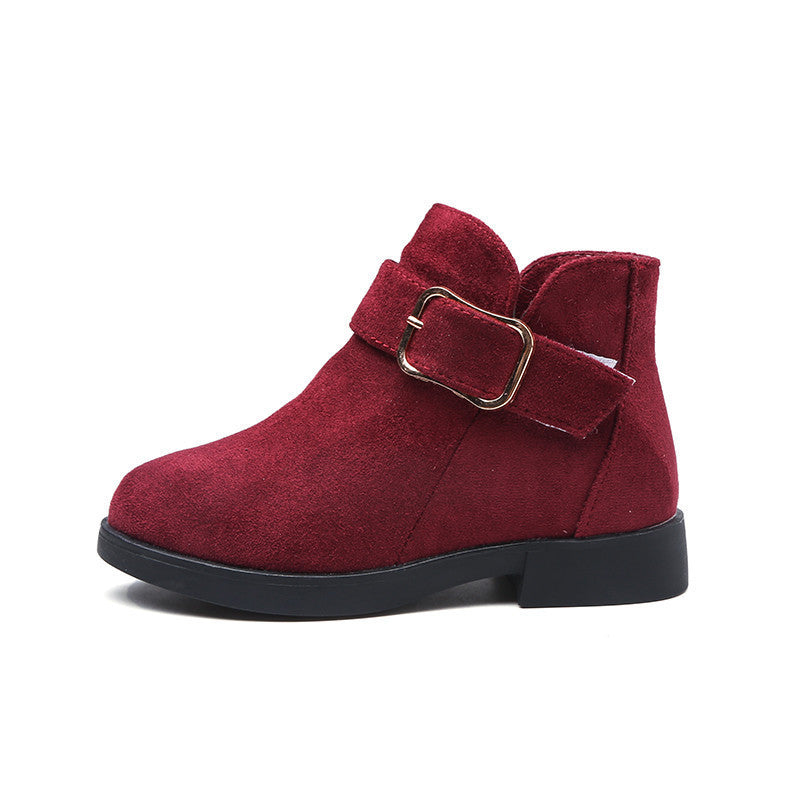 Suede leather ankle boot with buckle strap and low block heel, wine red.