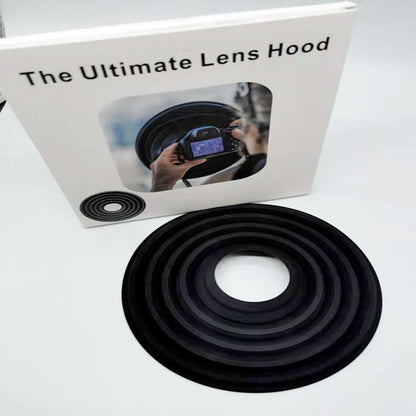 Black lens hood with packaging labeled 'The Ultimate Lens Hood' on a white background