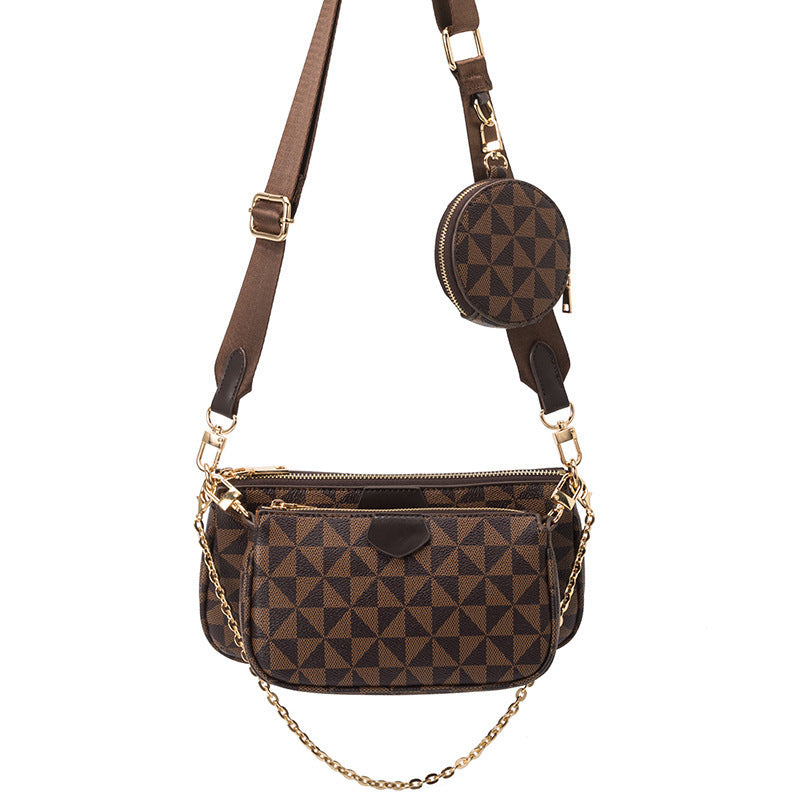 Coffee geometric crossbody bag with chain strap and round zip pocket