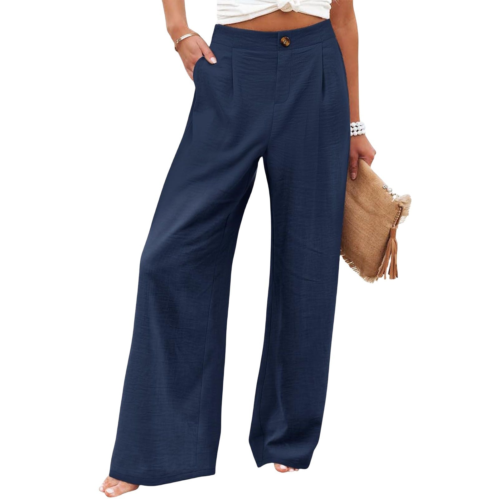 Wide-Leg Trousers with Button Detail – Elegant & Comfortable Fit Women's Button Elastic Waist Wide Leg Tr | Ectron Online