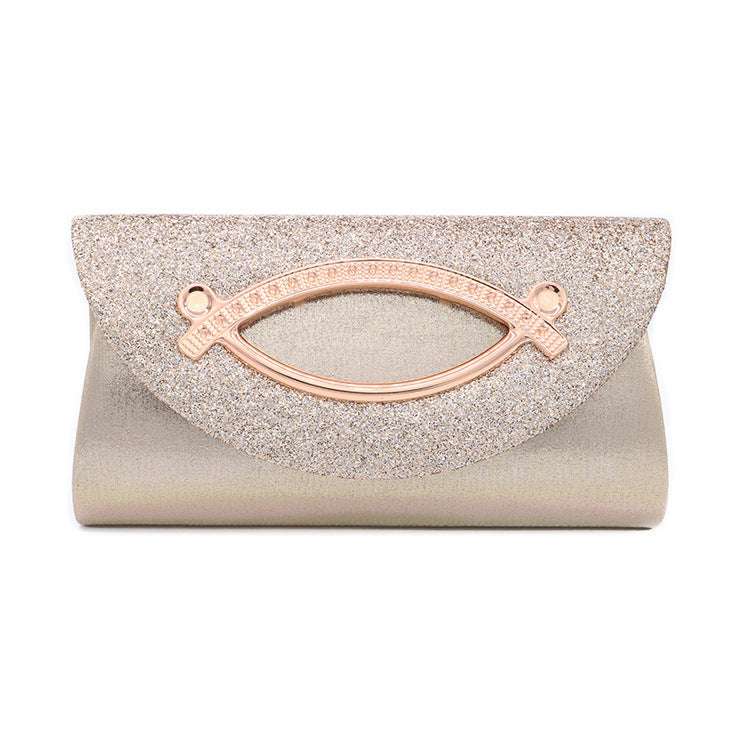 Silver sequin clutch bag with rose-gold oval clasp and snap front