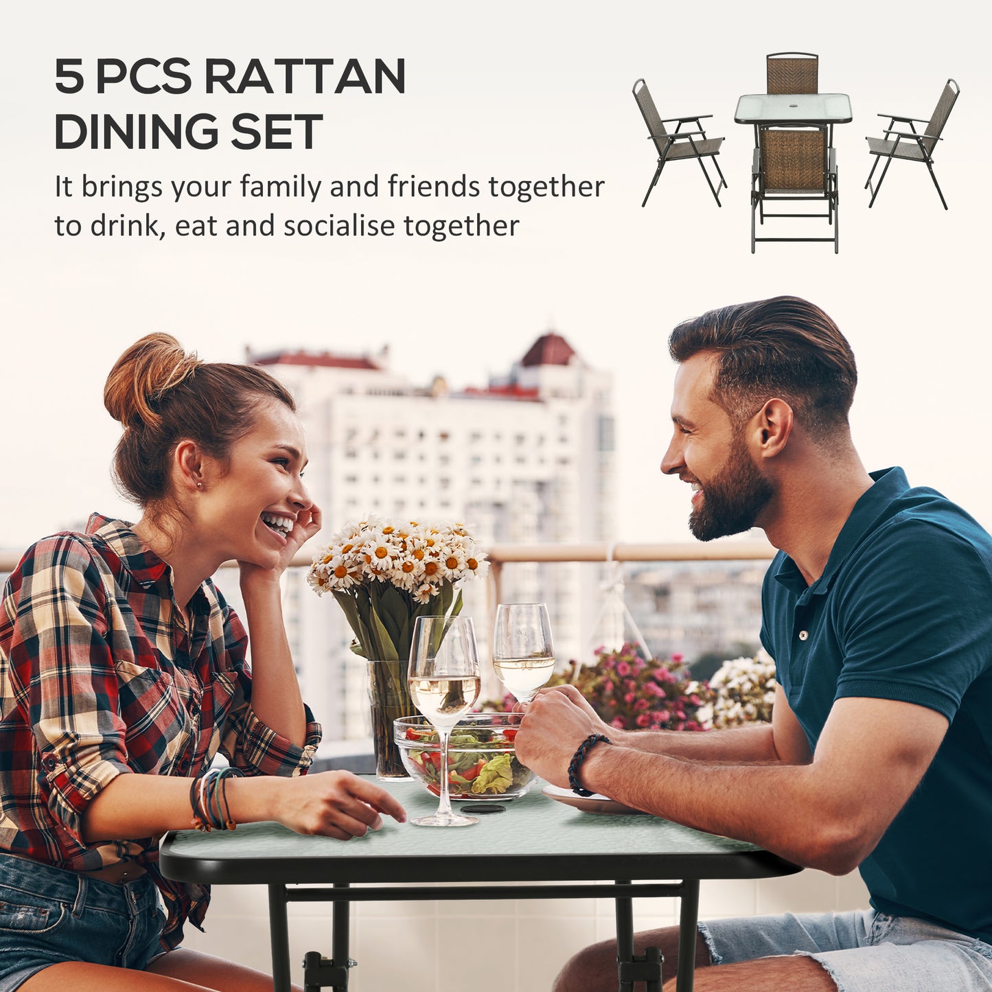 5-Piece Foldable Wicker Patio Dining Set with Umbrella Hole