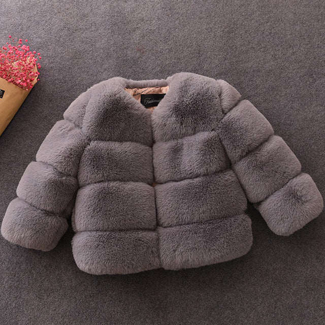 Kids faux fur coat, gray quilted puffer with front button closure and long sleeves