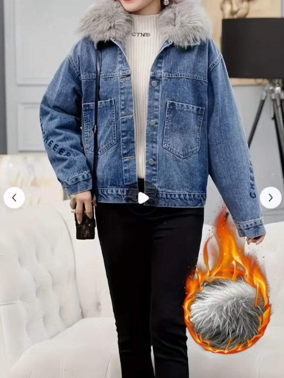 Light blue denim jacket with faux fur collar, front button placket, chest pockets