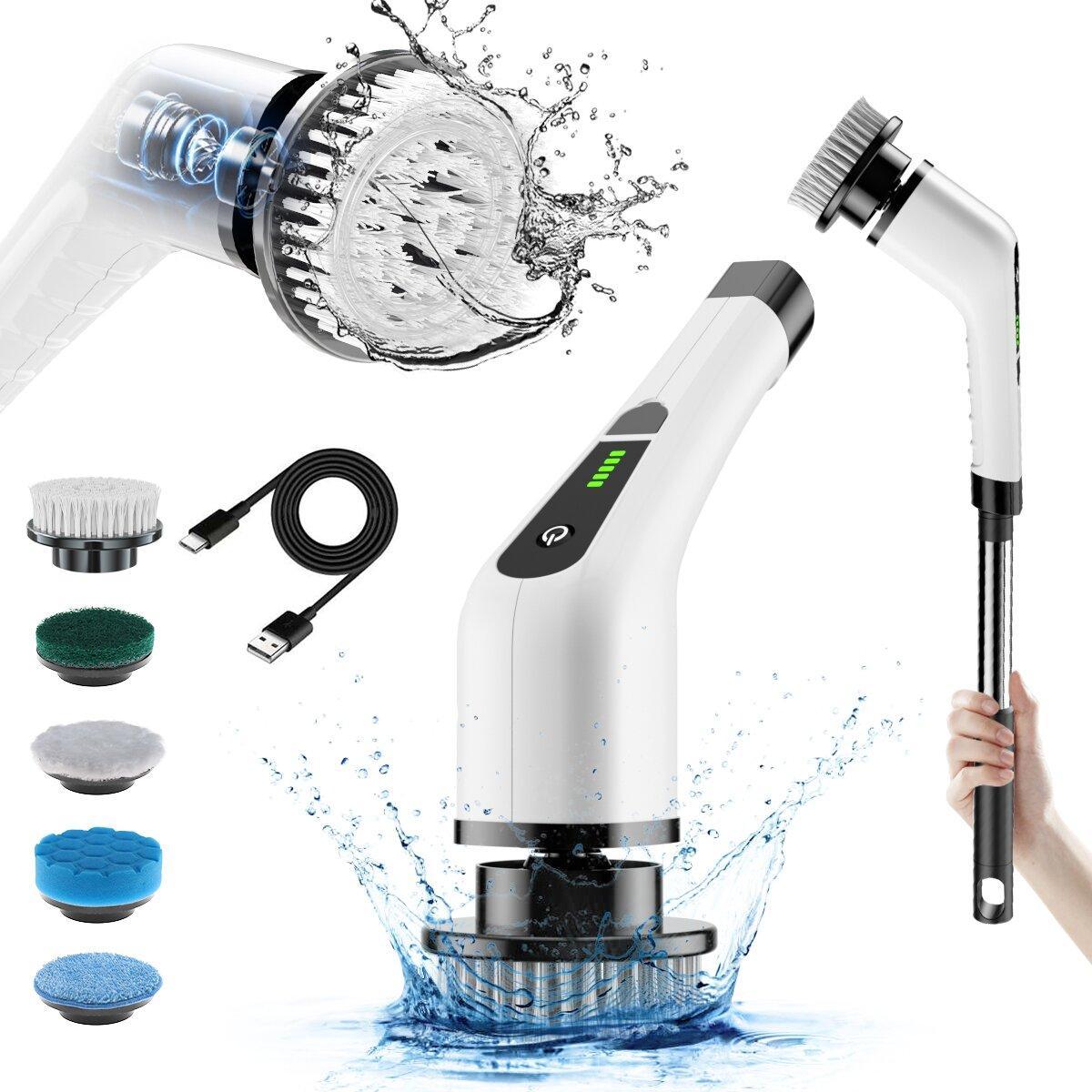 Multifunctional cleaning device with various attachments and water splashes on a white background