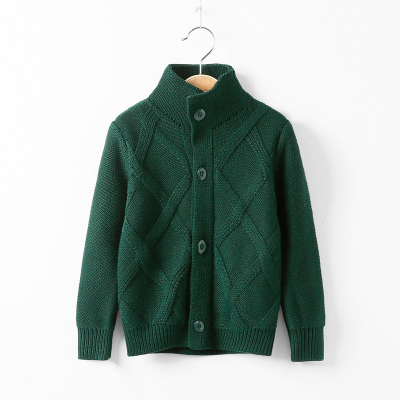 Green knitted kids sweater coat with button-front and textured diamond panels