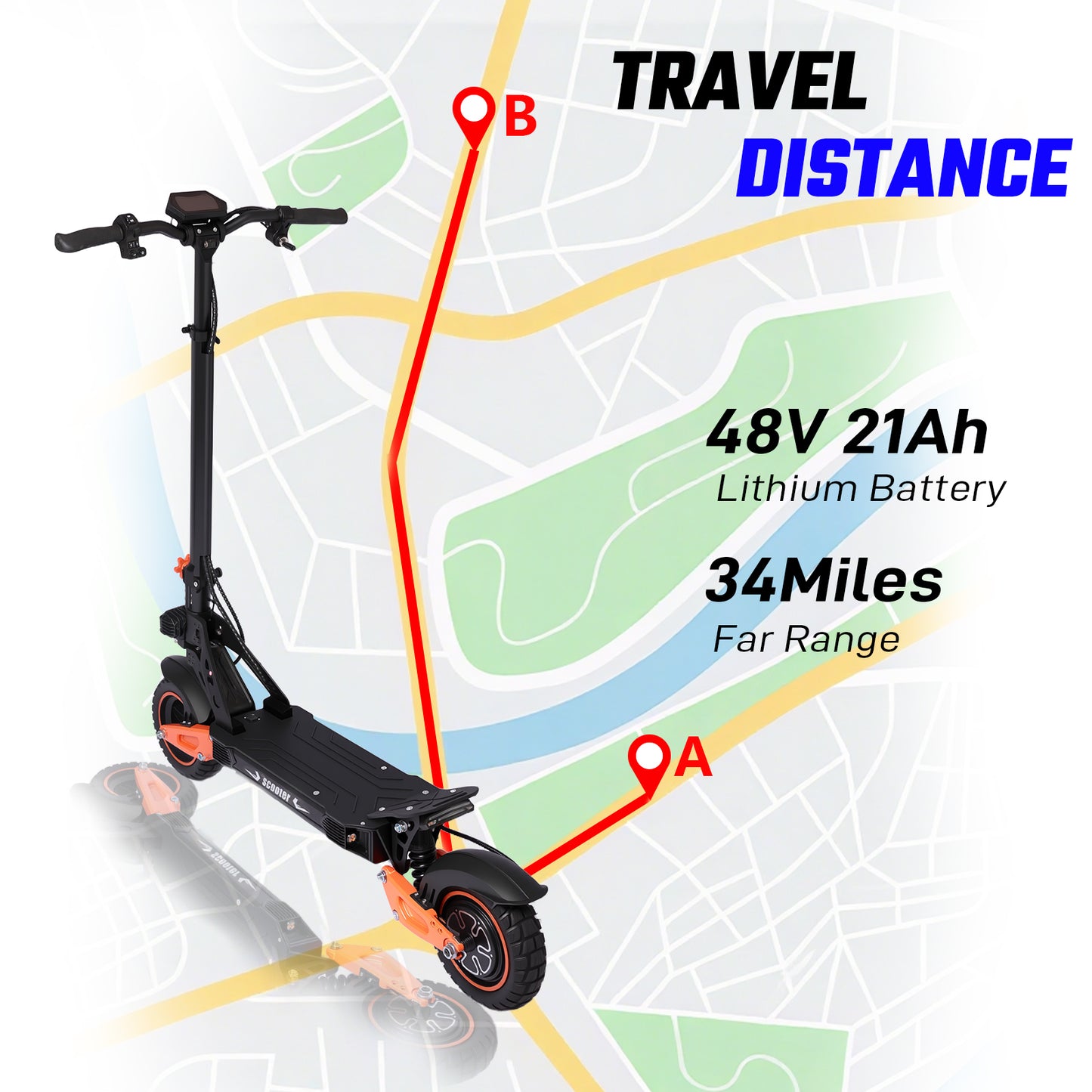 Folded electric scooter with orange accents next to a route-style map graphic