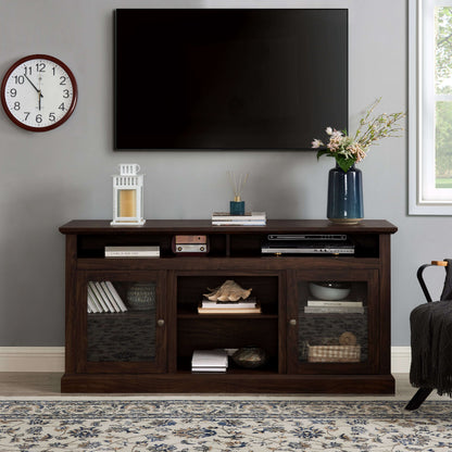 Brown media console TV stand with lower open cubbies and cabinet doors.