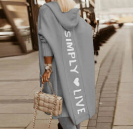 Women's Long Hooded Letter Cardigan | Trendy Graphic Knit Coat Ladies New Letter Hooded Long Cardigan | Ectron Online