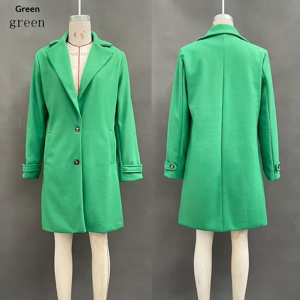 Bright green mid-length lapel coat with button front and long sleeves