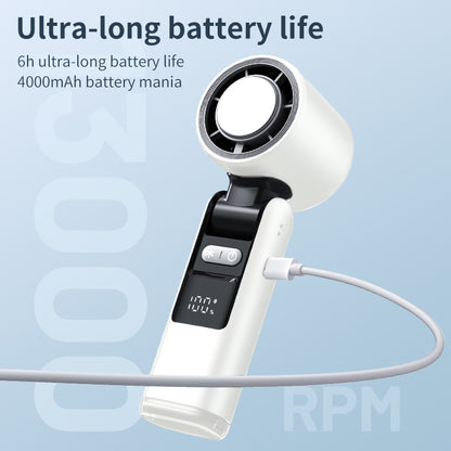 White handheld fan with circular grille and black display, charging cable connected