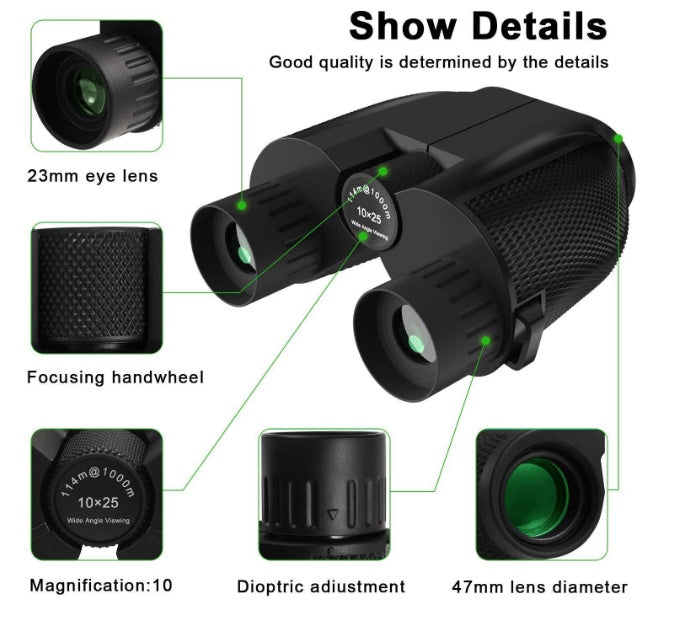 Black monocular with detailed specifications on a white background