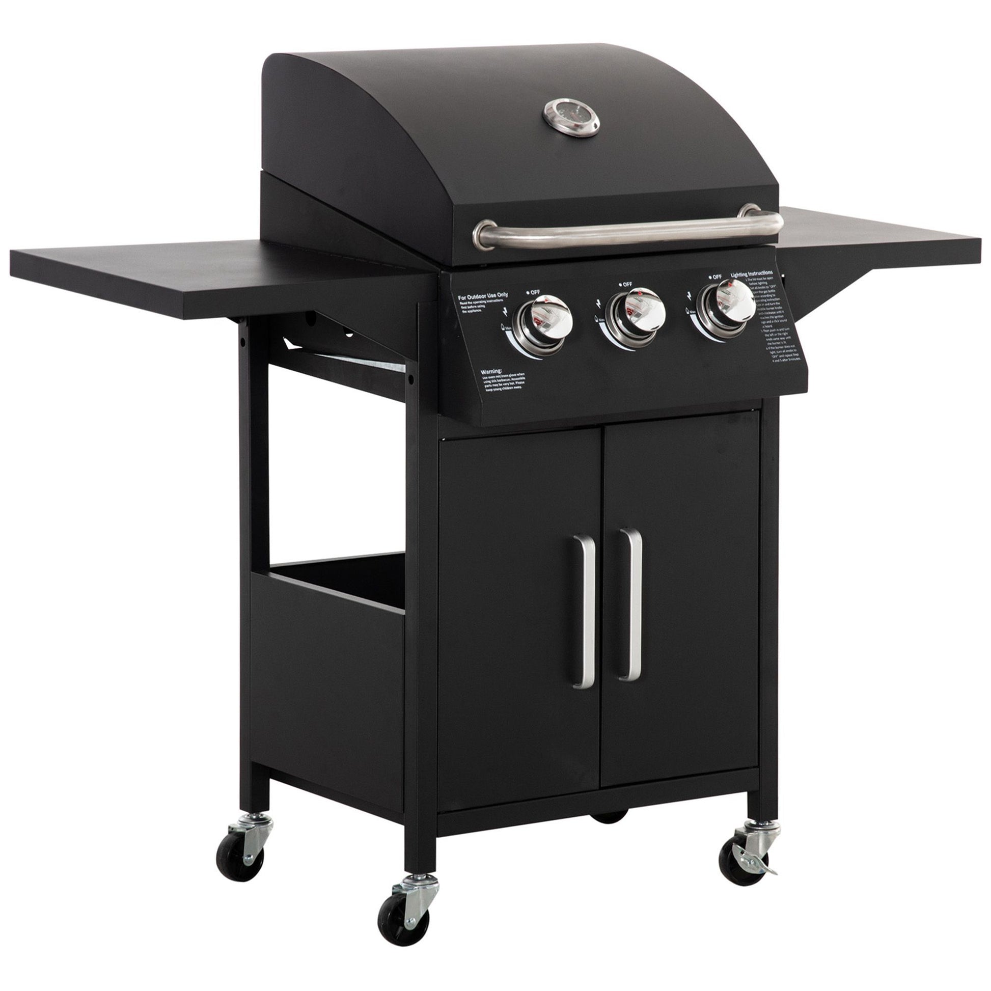Black 3-burner gas grill with lid, side shelf, and caster wheels