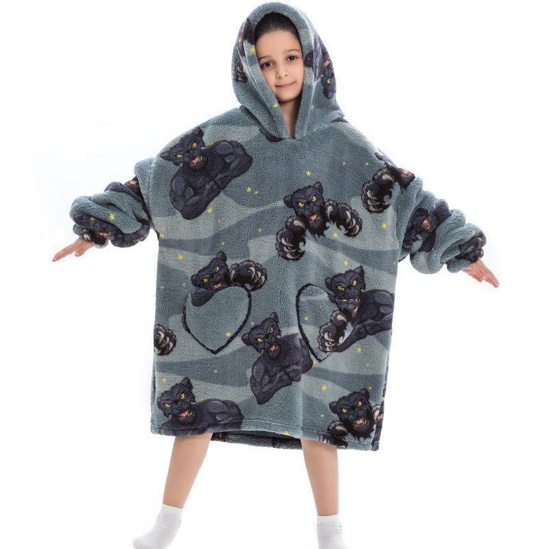 Kids' oversized thermal sweatshirt, heather gray with dark animal graphic print, hooded