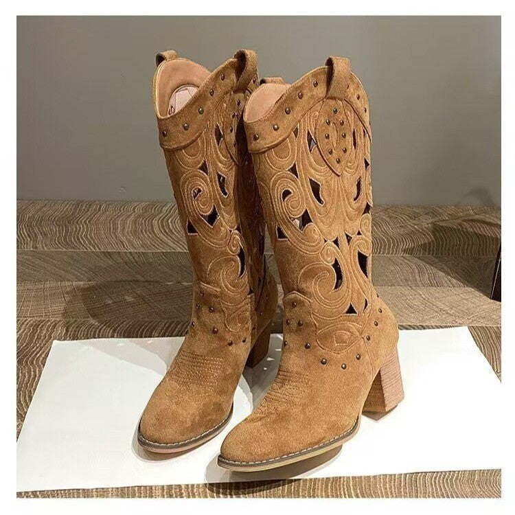 Fashion Middle Chunky Heel V Cut Embroidery Hollow Out Boots | Ectron Online