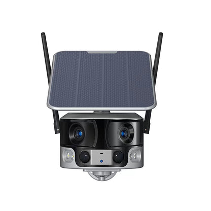 Outdoor security camera with solar panel on a white background
