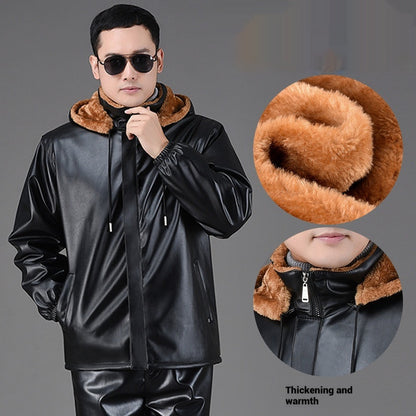 Winter Fleece-lined Plus Thick And Wide Leather Coat For Men