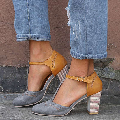 Vintage round head color matching T-strap sandals