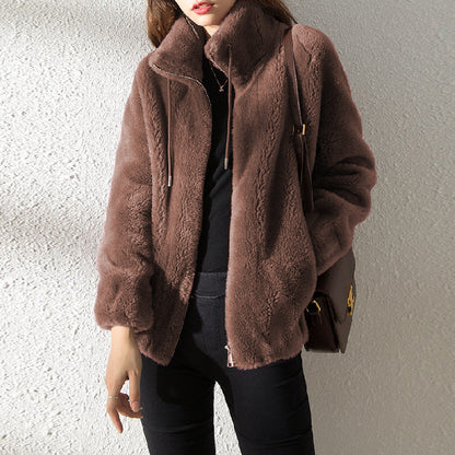 Women's Double-Faced Fleece Cardigan Double Faced Fleece Warm High Neck Sweat | Ectron Online