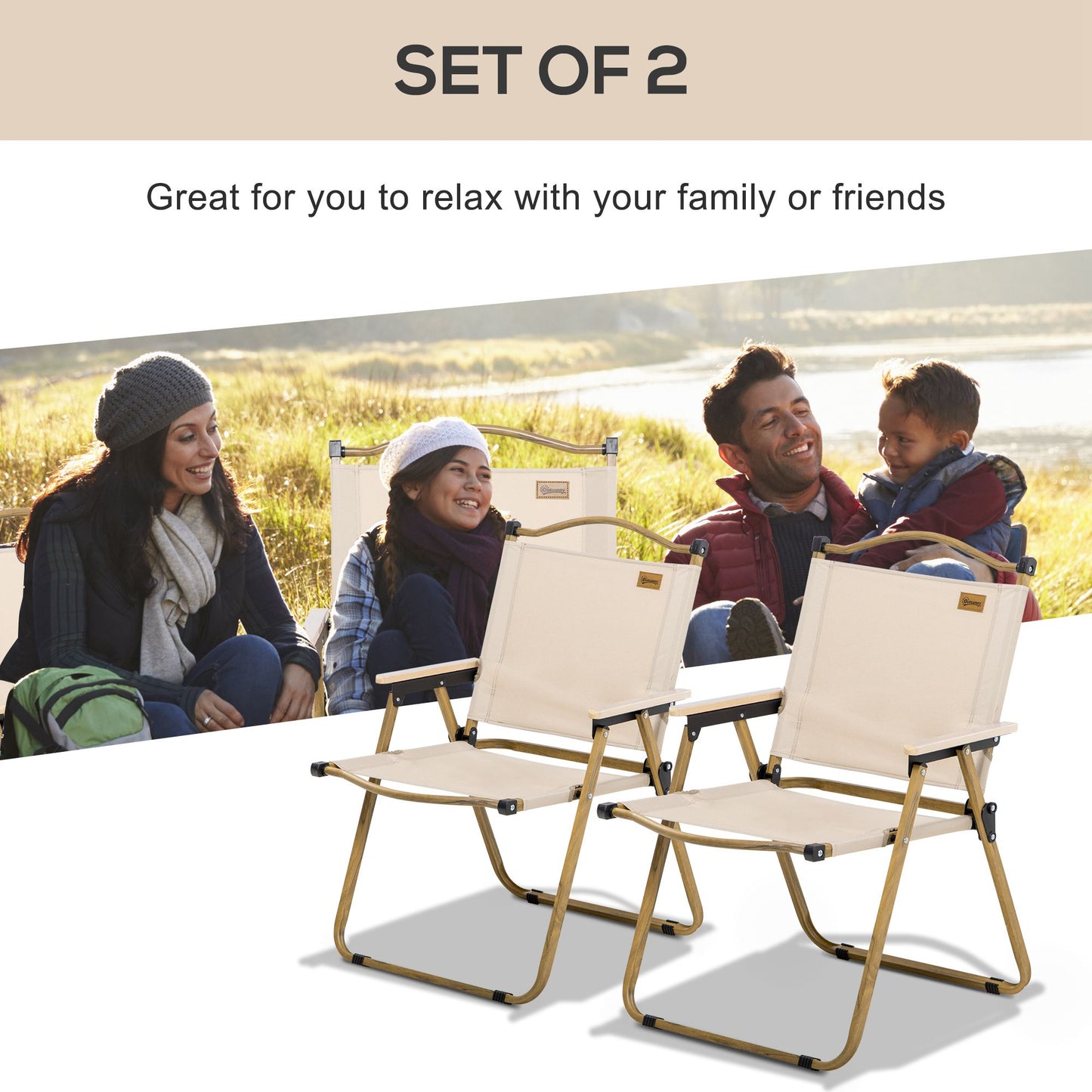 Set of 2 khaki folding camping chairs with padded seats and armrests