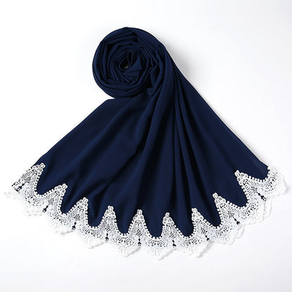 New Pearl Chiffon Scarf Malaysia Fashion Stitching Lace Scarf