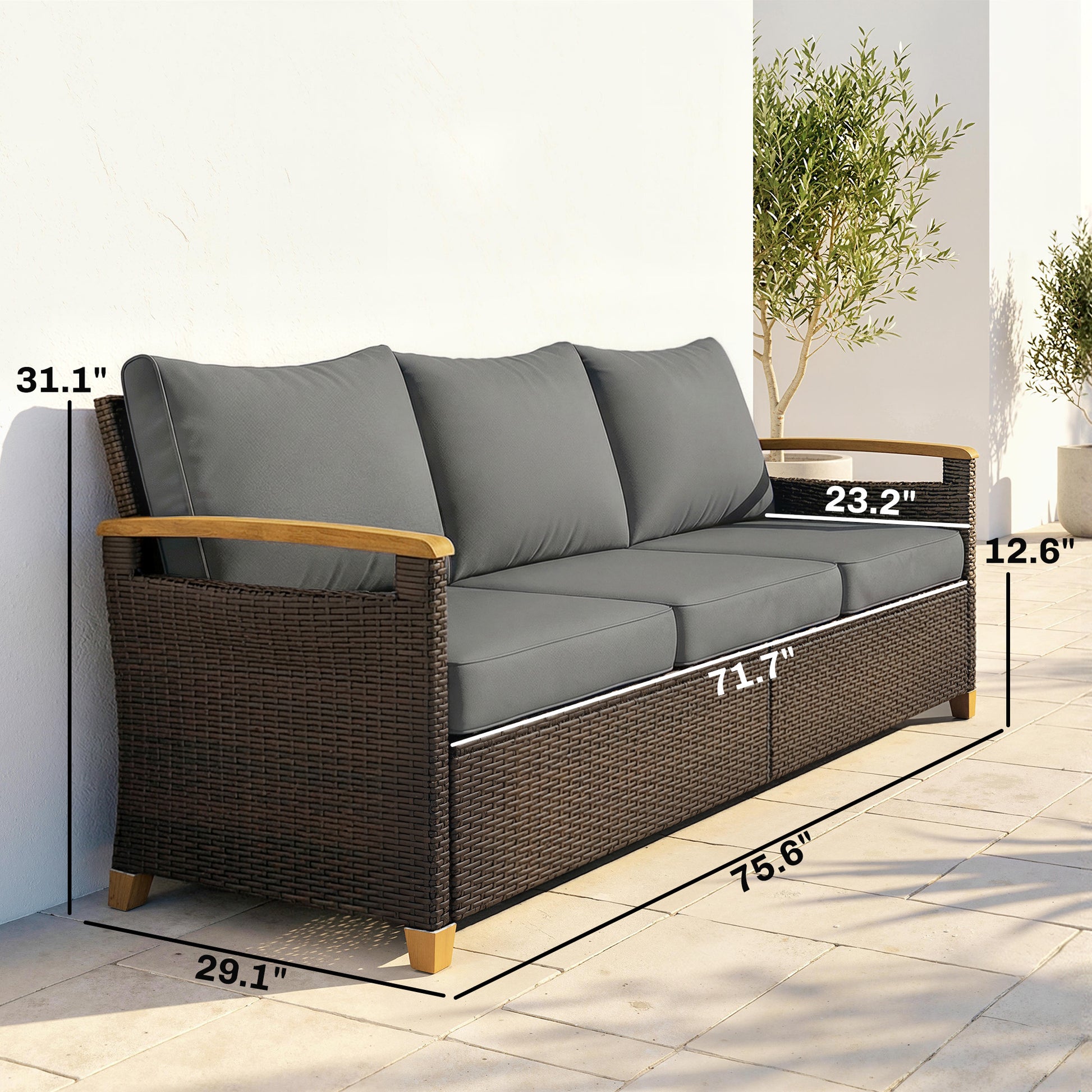 3-seater outdoor sofa with dark wicker sides, gray back cushions, and wood trim
