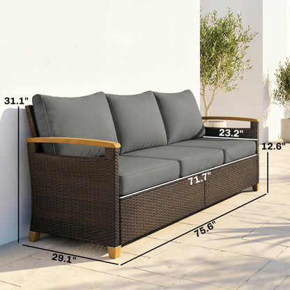 3-seater outdoor sofa with dark wicker sides, gray back cushions, and wood trim