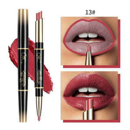 Lipstick with gold cap and black body, shown on a white background with close-up of lips wearing the shade.