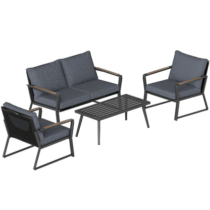Dark grey patio furniture set with loveseat, two chairs, and slat coffee table