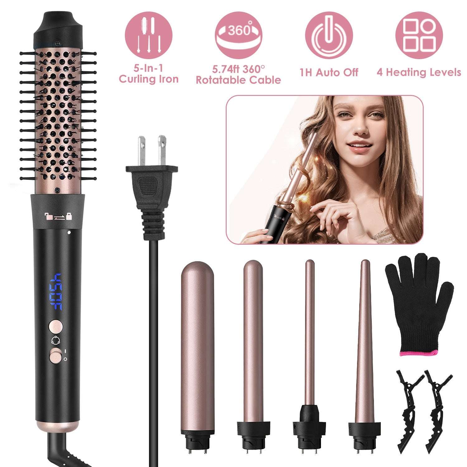 5-in-1 Curling Wand & Thermal Brush Set - Anti-Tangle Hair Curler 2 Type Options--1Pc 5 In 1 Curling Wand | Ectron Online