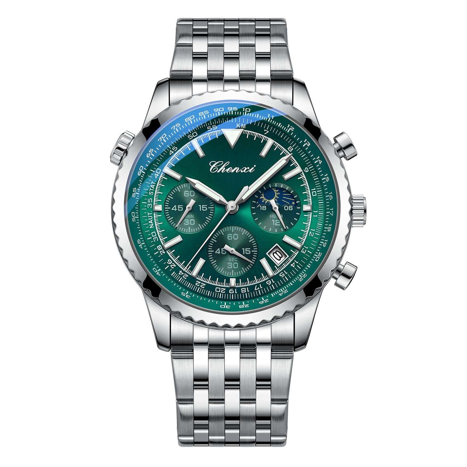 Men's chronograph watch with green dial, silver metal bracelet, and multi-subdial layout
