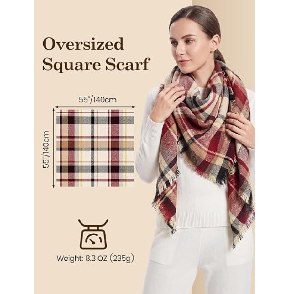 Plaid square scarf wrap worn by model, red and cream tones with fringed border