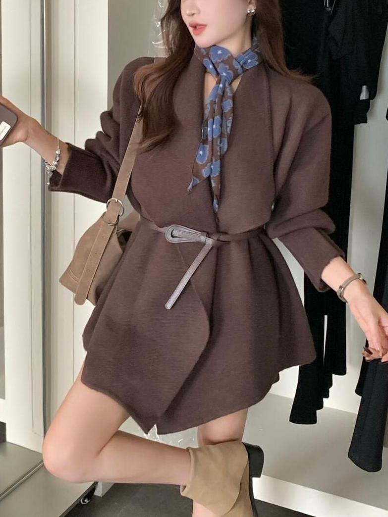 Dark-brown irregular-lapel knitted cardigan with belt tie, long sleeves, button front
