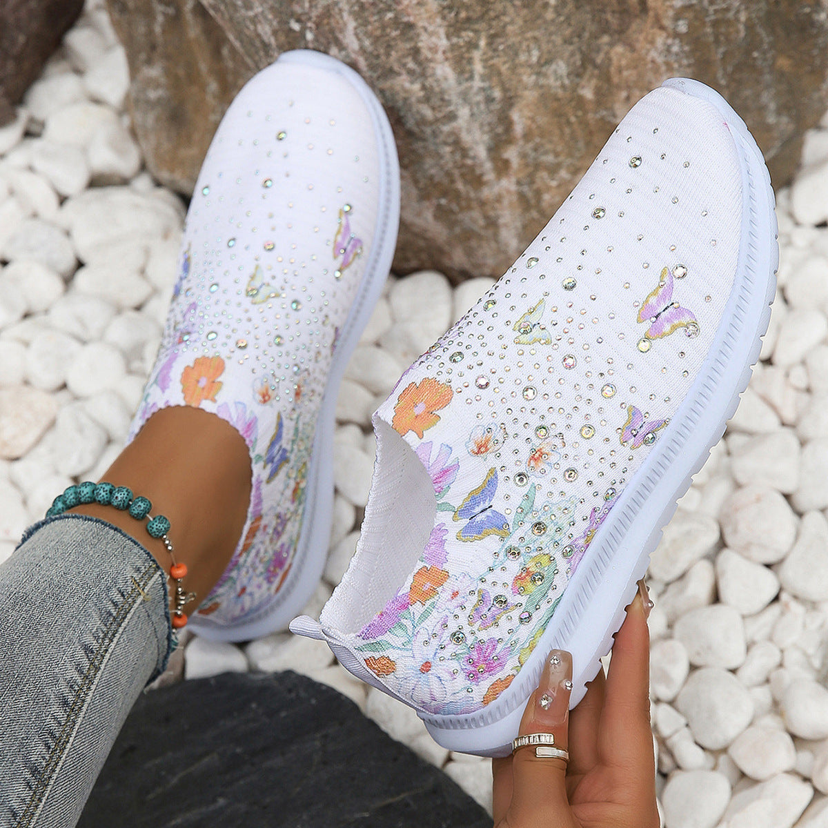 Women's Rhinestone Mesh Sneakers – Breathable Flyknit Low Tops Large Size Printed Rhinestone Low Top Wo | Ectron Online