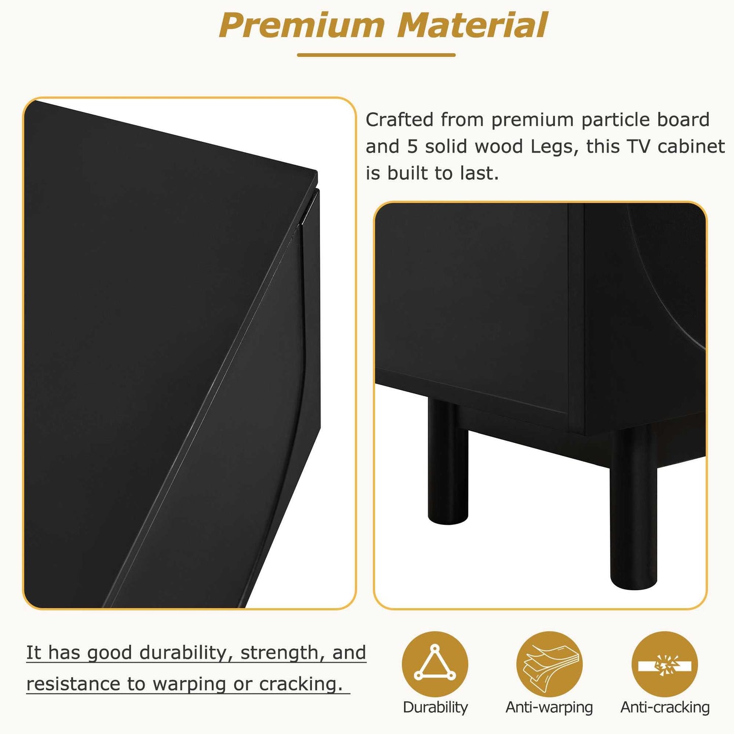Black minimalist TV stand with arched cabinet doors and tapered legs