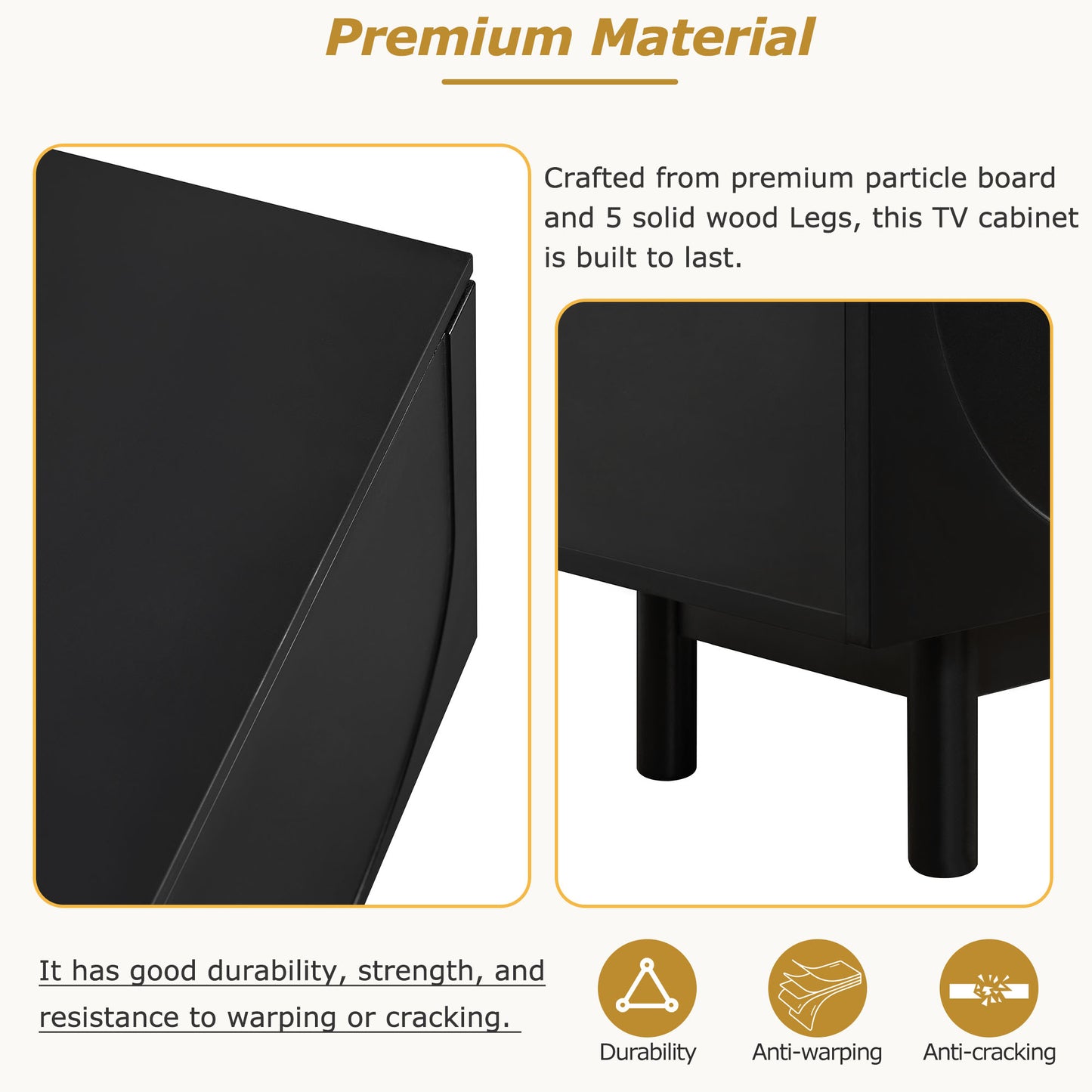 Black TV stand with smooth side panel and arched cabinet-door design