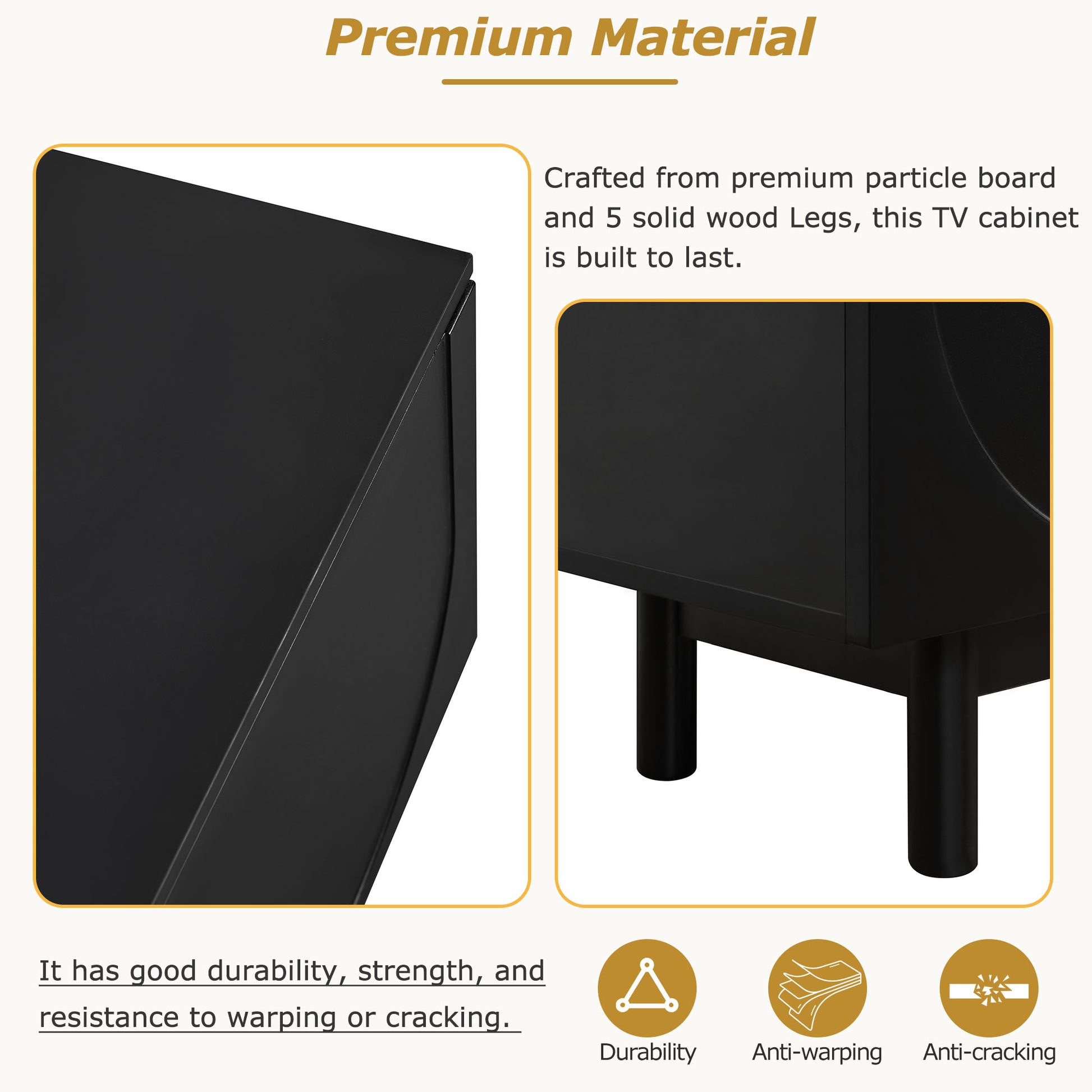 Black TV stand with smooth side panel and arched cabinet-door design