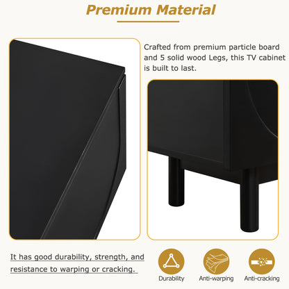 Black TV stand with smooth side panel and arched cabinet-door design
